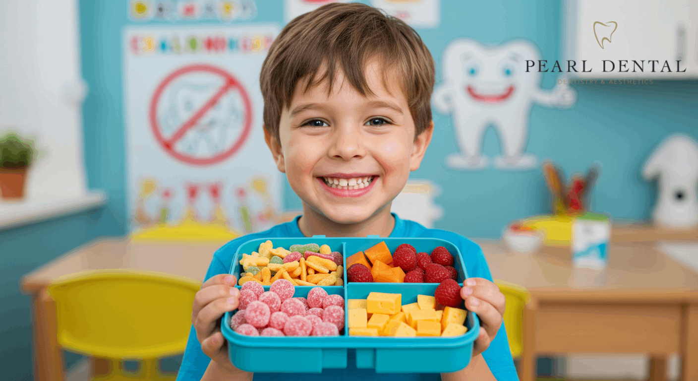 Smiling child showing healthy teeth while holding a lunchbox with smart snack swaps recommended by a children’s dentist.