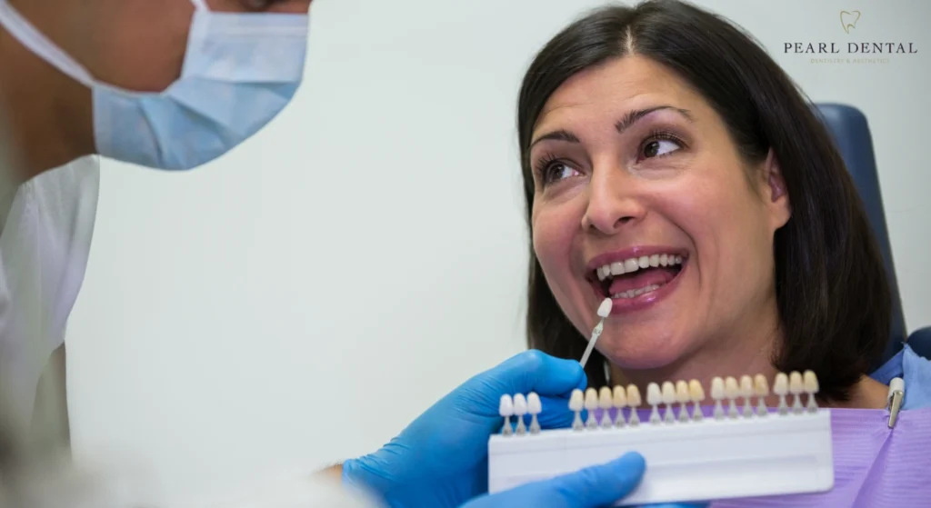 A dentist in a mask holds a tooth shade guide to a smiling woman’s mouth in a clinic, conveying a friendly and professional atmosphere.